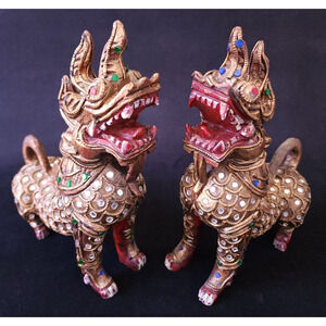 Vintage Chinese Thai Gilt Carved Wood Foo Dogs Guardian Lion Colored Glass Pair